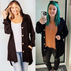 Black Hooded Button Cardigan